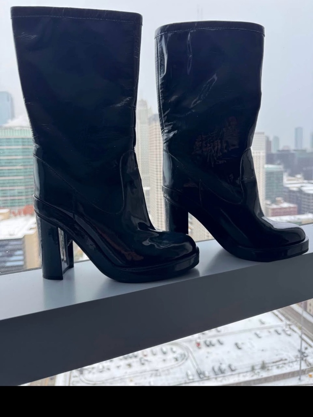 Jil Sander Navy Patent High Heel Mid-Calf Boots